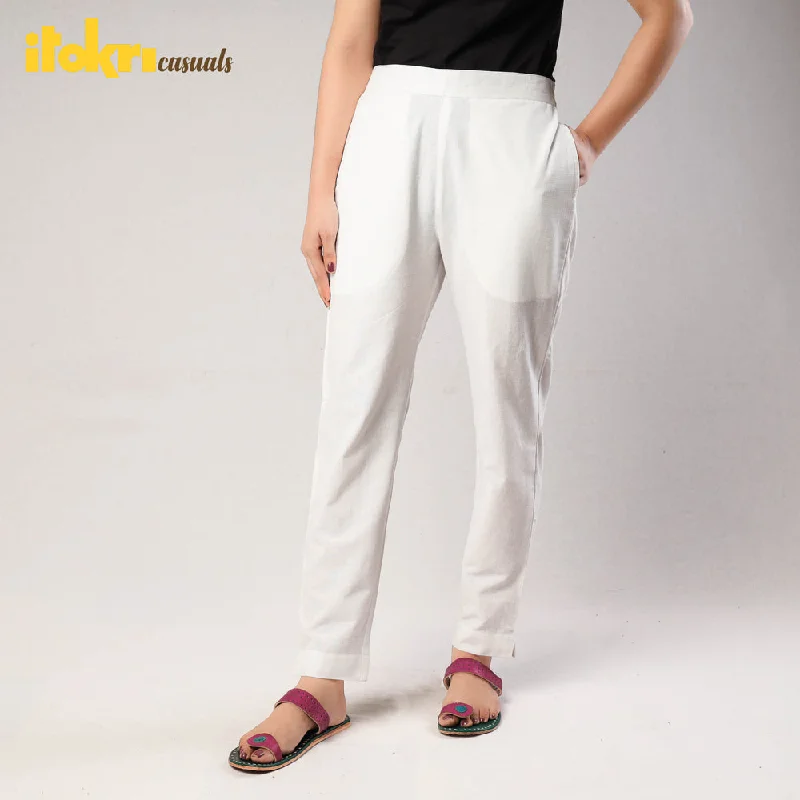 White - Handloom Cotton Tapered Casual Pant for Women