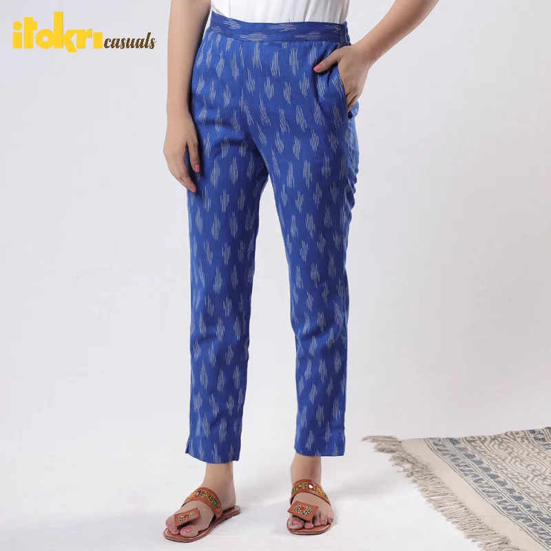 Blue - Pochampally Ikat Cotton Tapered Casual Pant for Women