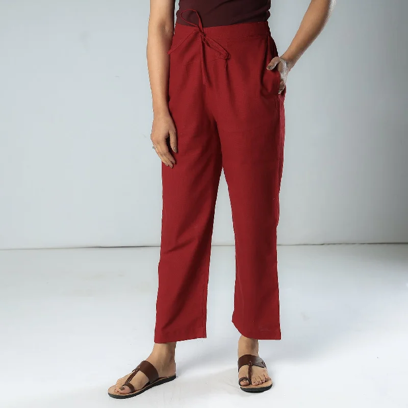 Maroon - Texture Plain Dyed Cotton Relaxed Fit Pant