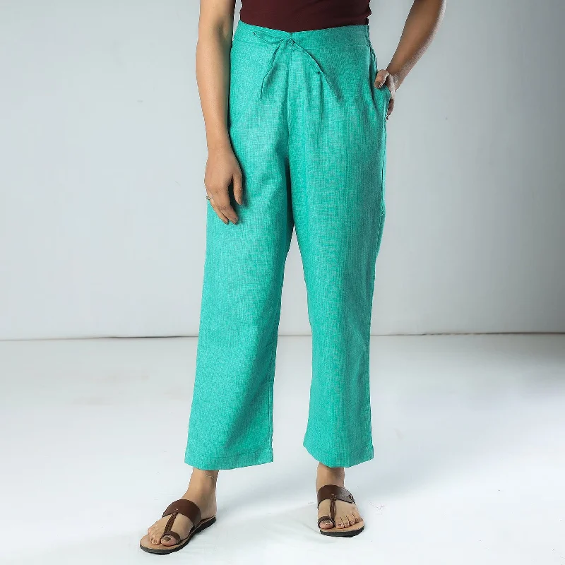 Aqua Green & White Texture Plain Dyed Cotton Relaxed Fit Pant