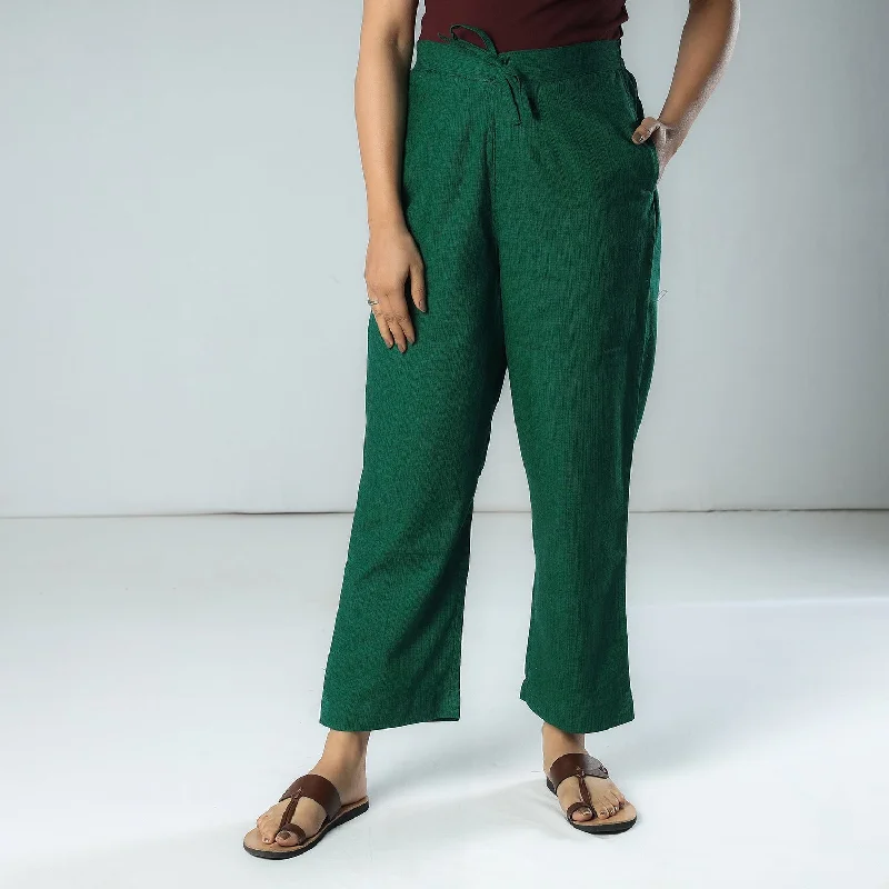 Dark Green - Texture Plain Dyed Cotton Relaxed Fit Pant