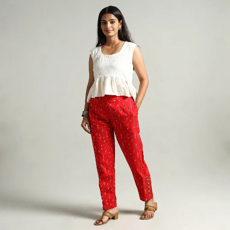 Red - Pochampally Ikat Weave Cotton Elasticated Pant 03