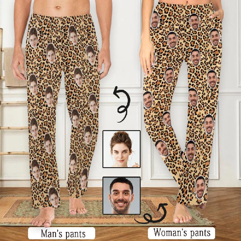 [More Comfortable]Custom Face Leopard Print Sleepwear Personalized Women's&Men's Slumber Party Long Pajama Pants